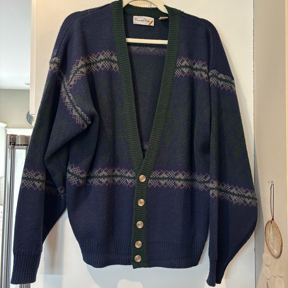 Vintage Oscar De La Renta navy blue & green men’s Cardigan Sweater size L